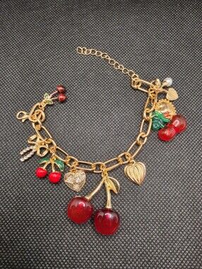 Gold-Tone Cherry Charm Bracelet - Red Cherry Charms